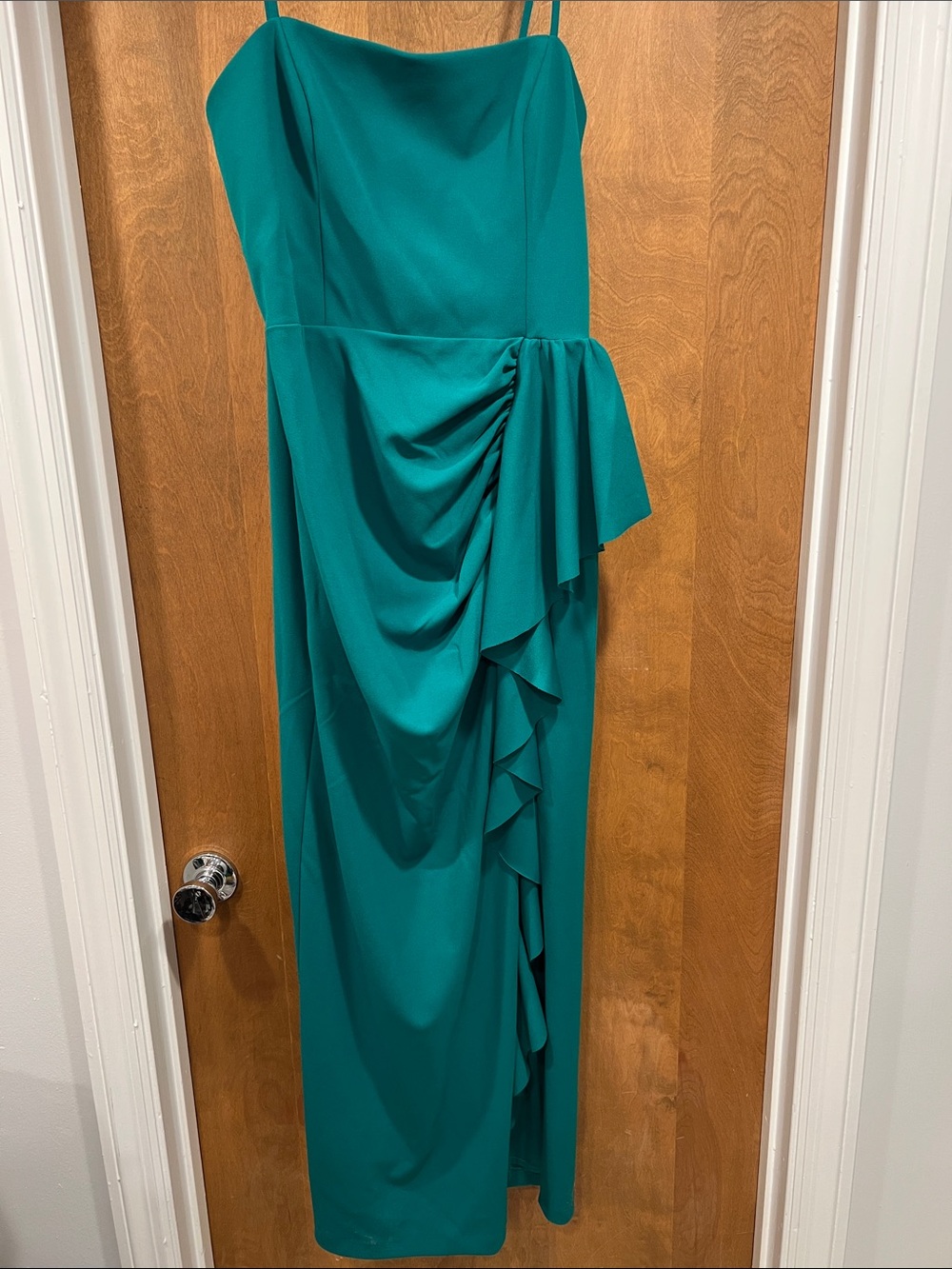 Xscape Teal Strapless Draped Evening Gown